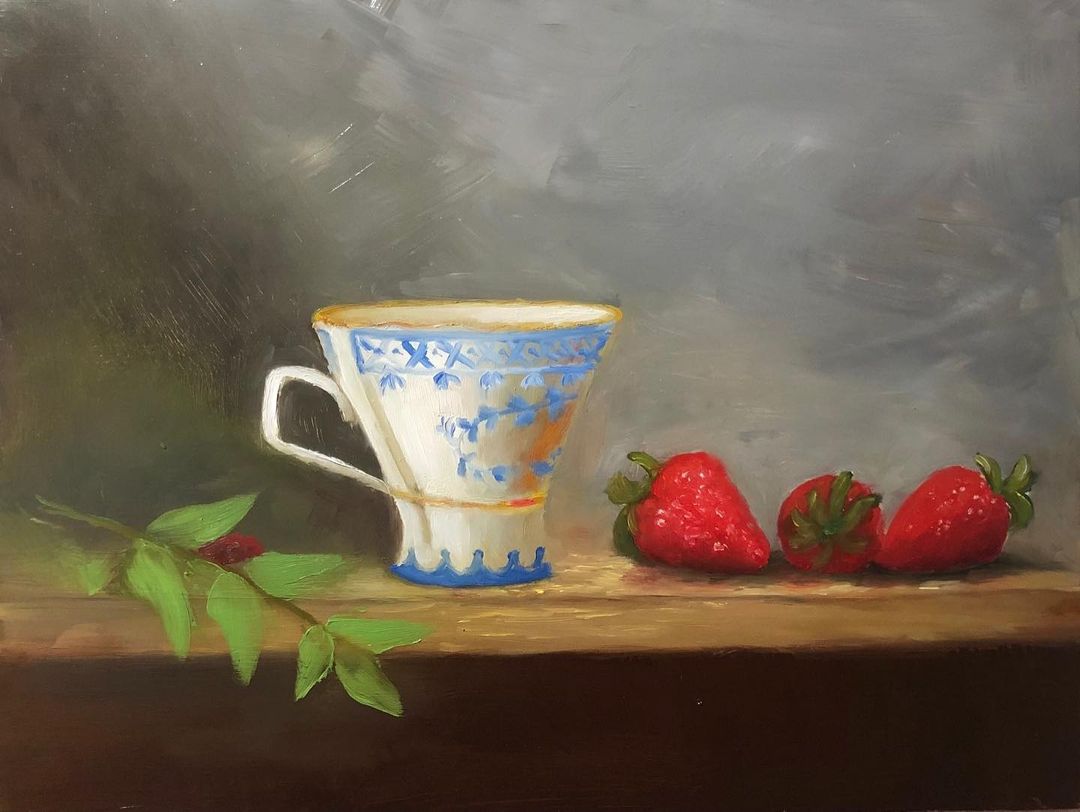 Strawberries and Blue and White Teacup